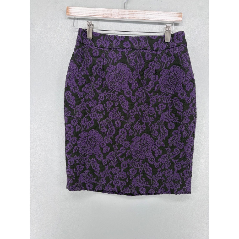 Talbots Pencil Skirt Womens 0P Purple Black Floral Jacquard Brocade Lined Petite
